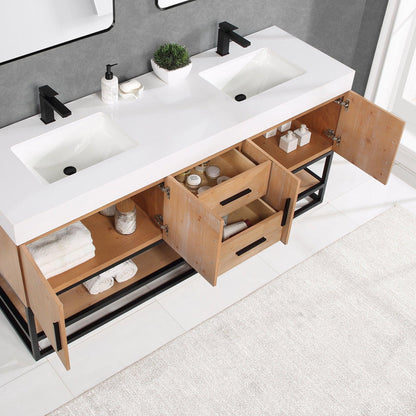 Altair Bianco 72" Light Brown Freestanding Double Bathroom Vanity Set With Matte Black Support Base, Mirror, White Composite Stone Top, Two Rectangular Undermount Ceramic Sinks, and Overflow