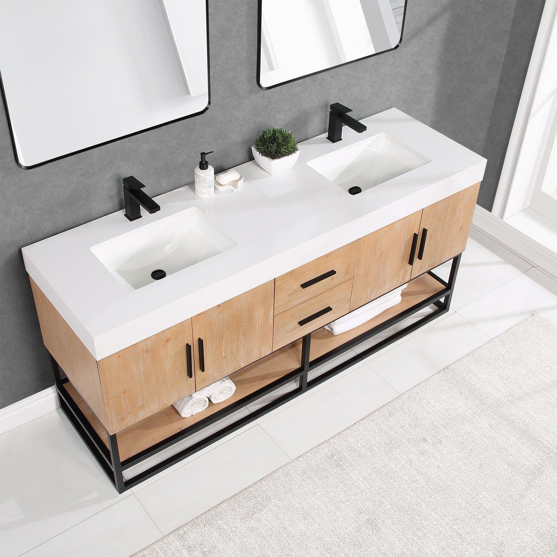 Altair Bianco 72" Light Brown Freestanding Double Bathroom Vanity Set With Matte Black Support Base, Mirror, White Composite Stone Top, Two Rectangular Undermount Ceramic Sinks, and Overflow