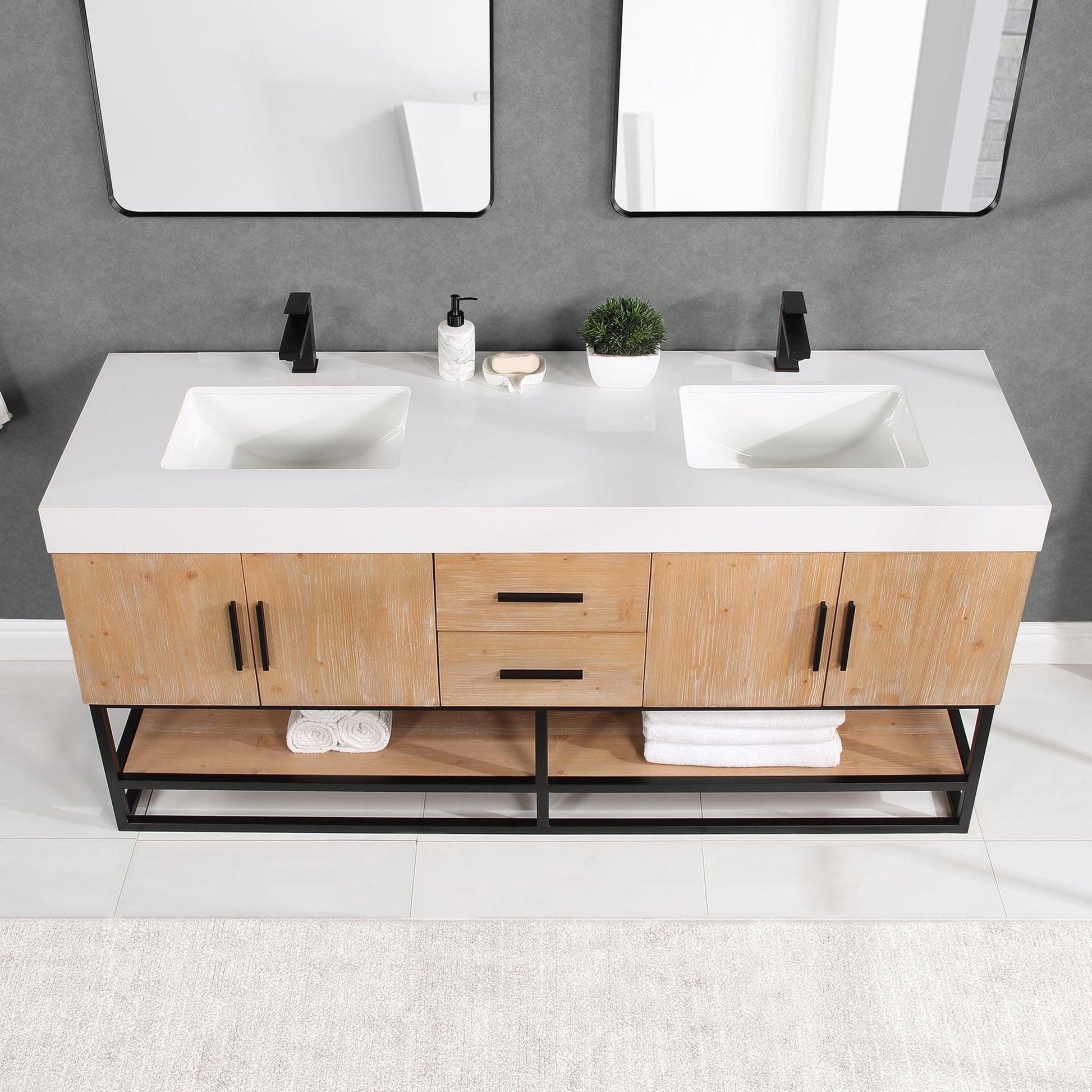 Altair Bianco 72" Light Brown Freestanding Double Bathroom Vanity Set With Matte Black Support Base, Mirror, White Composite Stone Top, Two Rectangular Undermount Ceramic Sinks, and Overflow