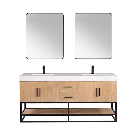 Altair Bianco 72" Light Brown Freestanding Double Bathroom Vanity Set With Matte Black Support Base, Mirror, White Composite Stone Top, Two Rectangular Undermount Ceramic Sinks, and Overflow