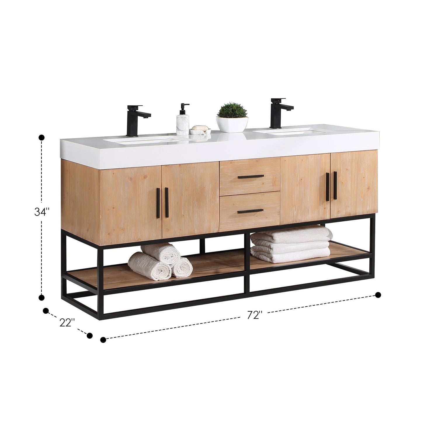 Altair Bianco 72" Light Brown Freestanding Double Bathroom Vanity Set With Matte Black Support Base, Mirror, White Composite Stone Top, Two Rectangular Undermount Ceramic Sinks, and Overflow