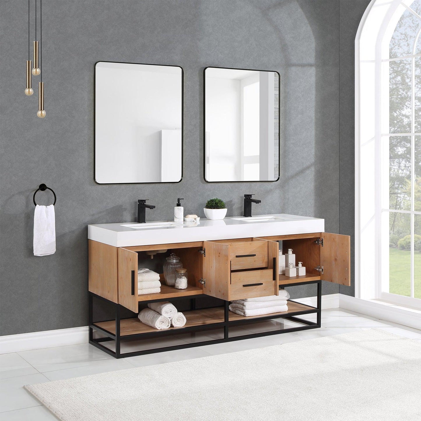 Altair Bianco 72" Light Brown Freestanding Double Bathroom Vanity Set With Matte Black Support Base, Mirror, White Composite Stone Top, Two Rectangular Undermount Ceramic Sinks, and Overflow