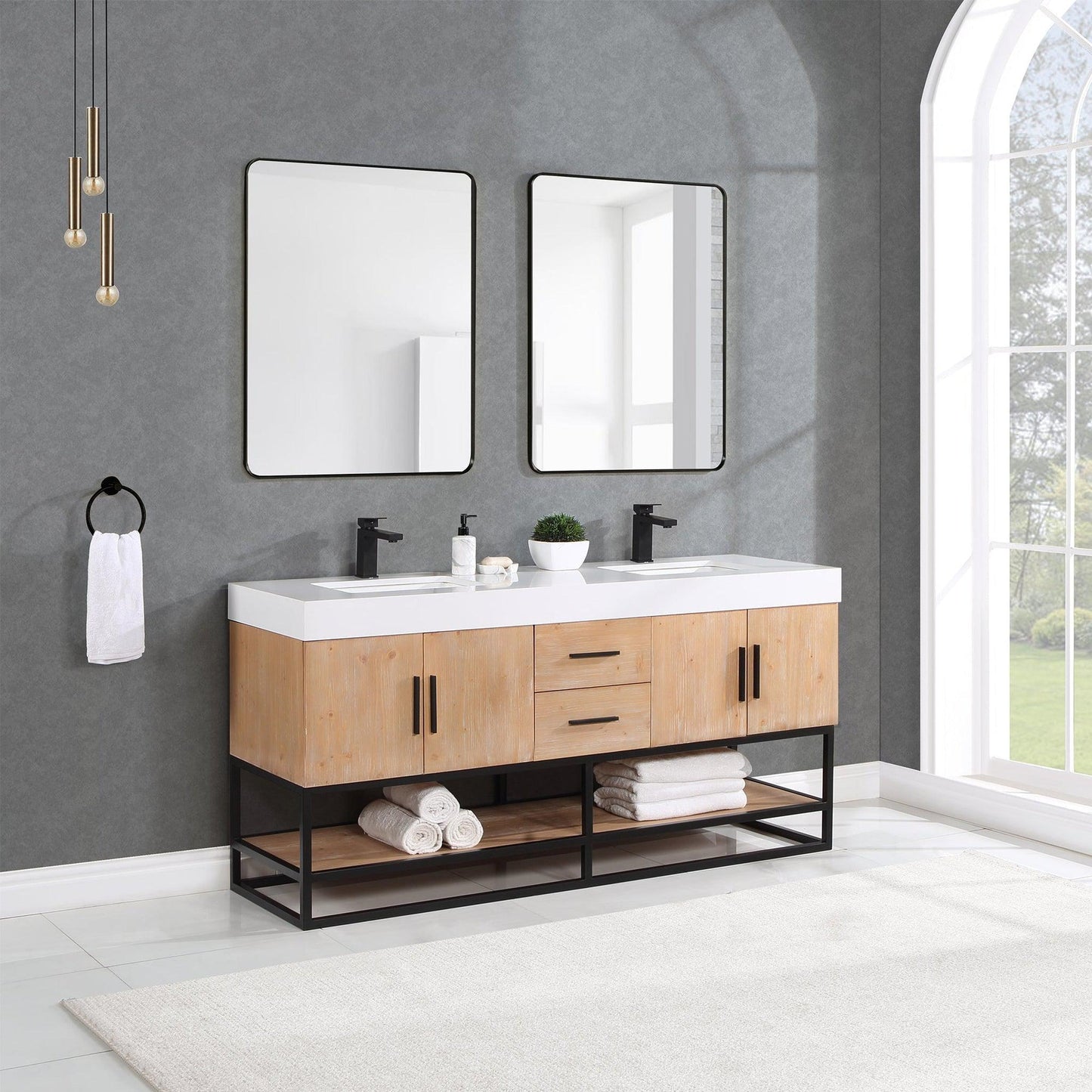 Altair Bianco 72" Light Brown Freestanding Double Bathroom Vanity Set With Matte Black Support Base, Mirror, White Composite Stone Top, Two Rectangular Undermount Ceramic Sinks, and Overflow