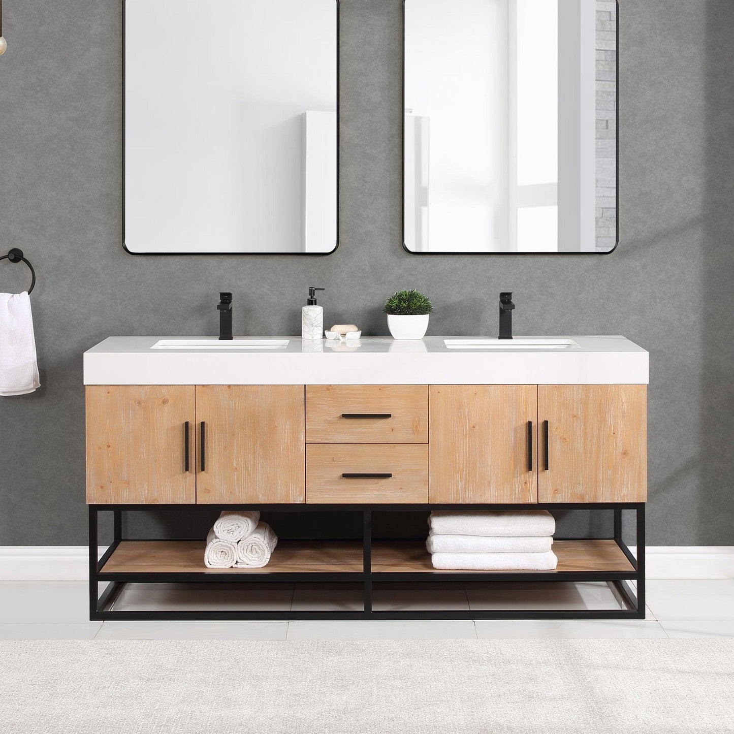 Altair Bianco 72" Light Brown Freestanding Double Bathroom Vanity Set With Matte Black Support Base, White Composite Stone Top, Two Rectangular Undermount Ceramic Sinks, and Overflow