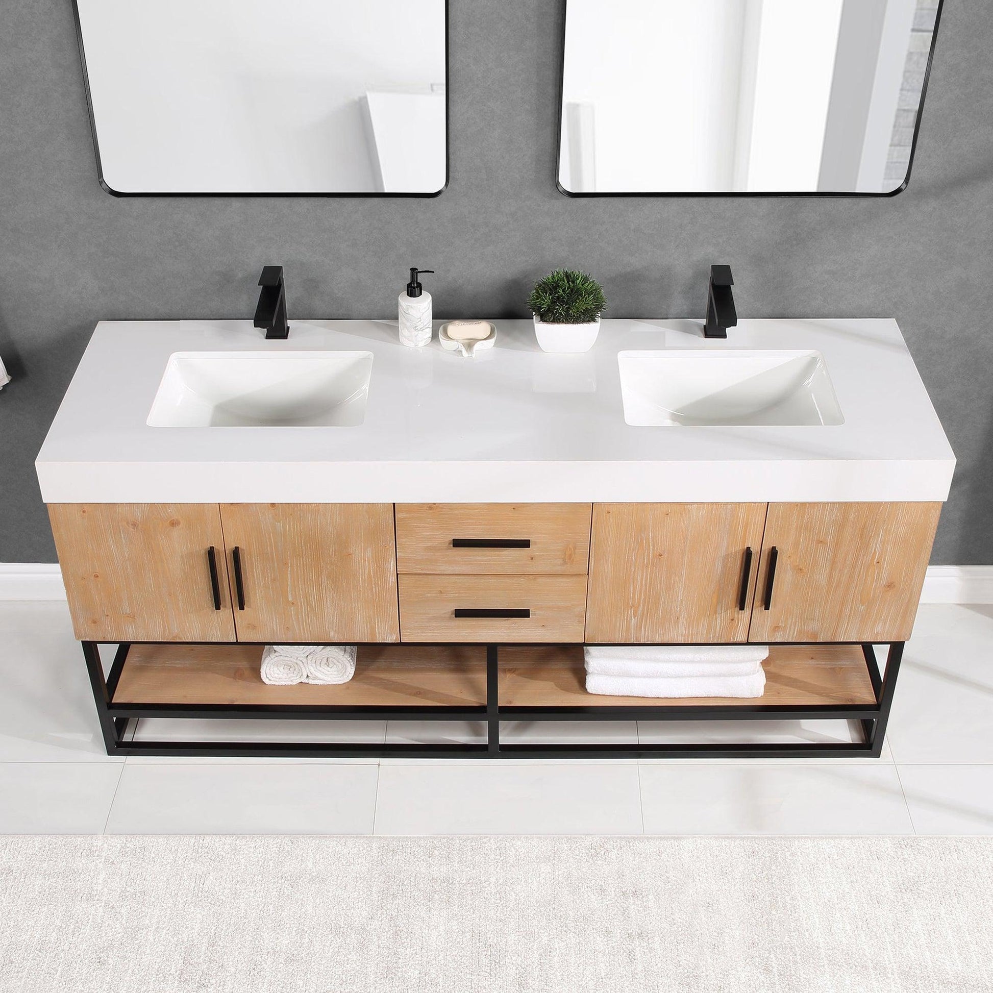 Altair Bianco 72" Light Brown Freestanding Double Bathroom Vanity Set With Matte Black Support Base, White Composite Stone Top, Two Rectangular Undermount Ceramic Sinks, and Overflow