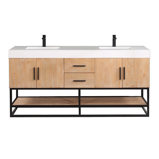 Altair Bianco 72" Light Brown Freestanding Double Bathroom Vanity Set With Matte Black Support Base, White Composite Stone Top, Two Rectangular Undermount Ceramic Sinks, and Overflow