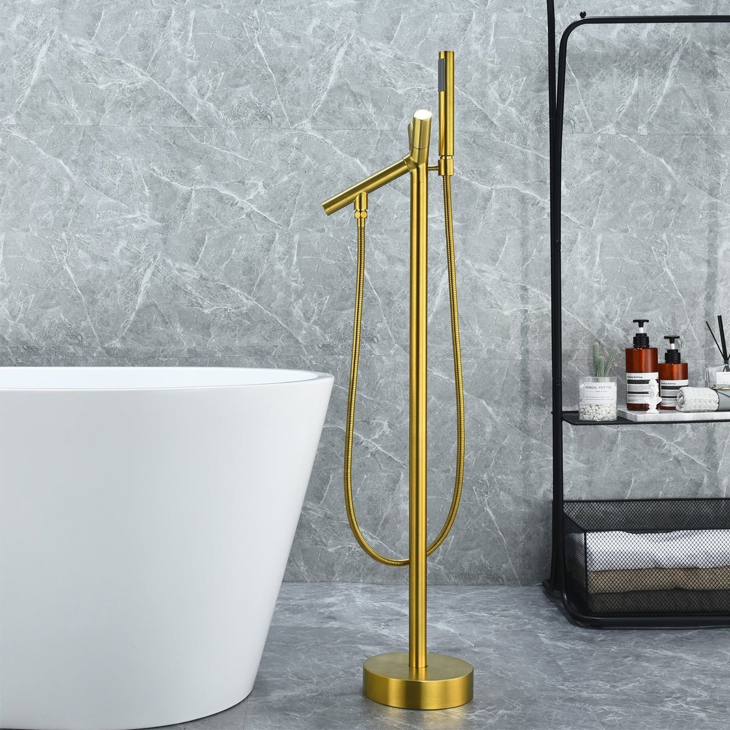 Altair Brulon Brushed Gold Double Knob Handle Freestanding Bathtub Faucet With Handshower