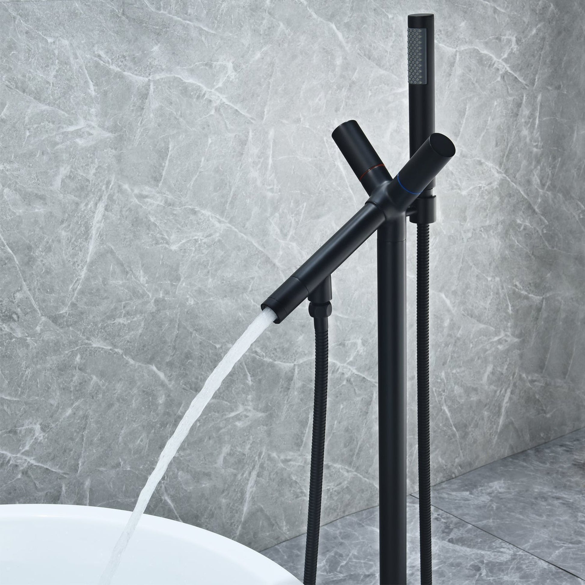 Altair Brulon Matte Black Double Knob Handle Freestanding Bathtub Faucet With Handshower