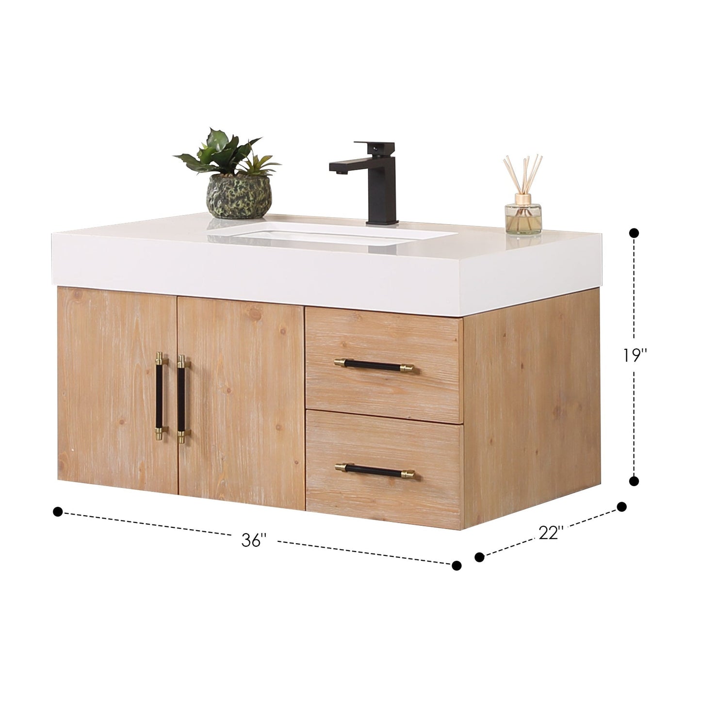 Altair Corchia 36" Light Brown Wall-Mounted Single Bathroom Vanity Set With Mirror, White Composite Stone Top, Single Rectangular Undermount Ceramic Sink, and Overflow