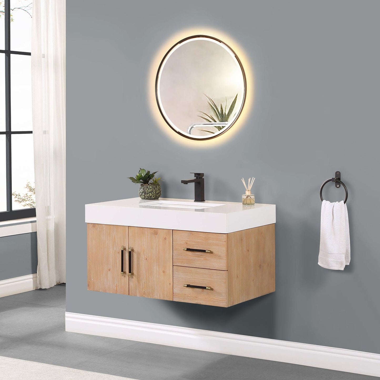 Altair Corchia 36" Light Brown Wall-Mounted Single Bathroom Vanity Set With Mirror, White Composite Stone Top, Single Rectangular Undermount Ceramic Sink, and Overflow