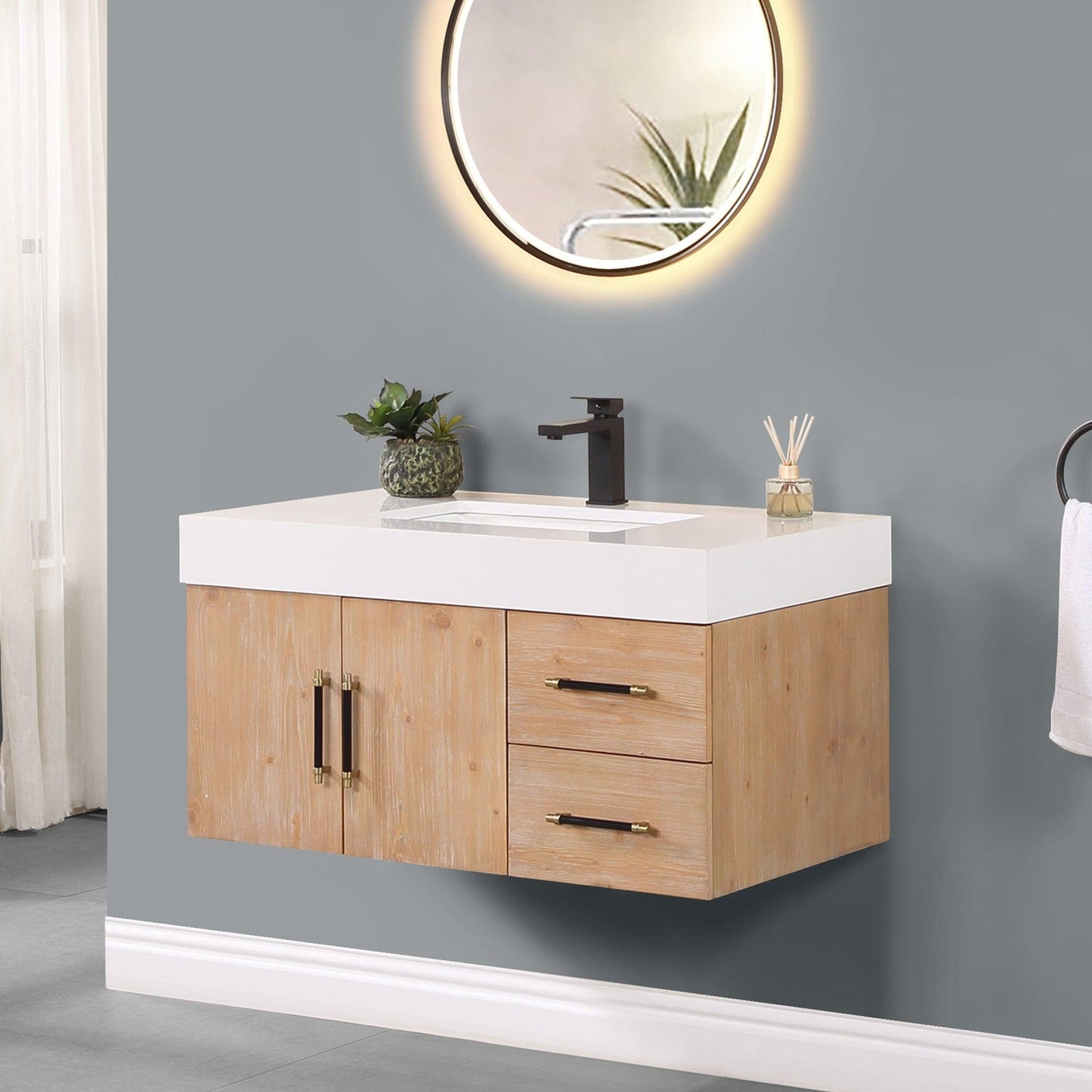 Altair Corchia 36" Light Brown Wall-Mounted Single Bathroom Vanity Set With White Composite Stone Top, Single Rectangular Undermount Ceramic Sink, and Overflow