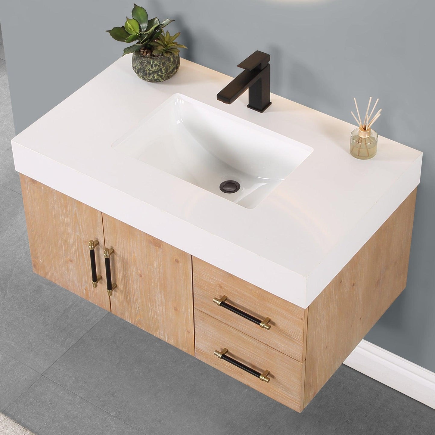 Altair Corchia 36" Light Brown Wall-Mounted Single Bathroom Vanity Set With White Composite Stone Top, Single Rectangular Undermount Ceramic Sink, and Overflow