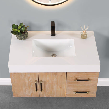 Altair Corchia 36" Light Brown Wall-Mounted Single Bathroom Vanity Set With White Composite Stone Top, Single Rectangular Undermount Ceramic Sink, and Overflow