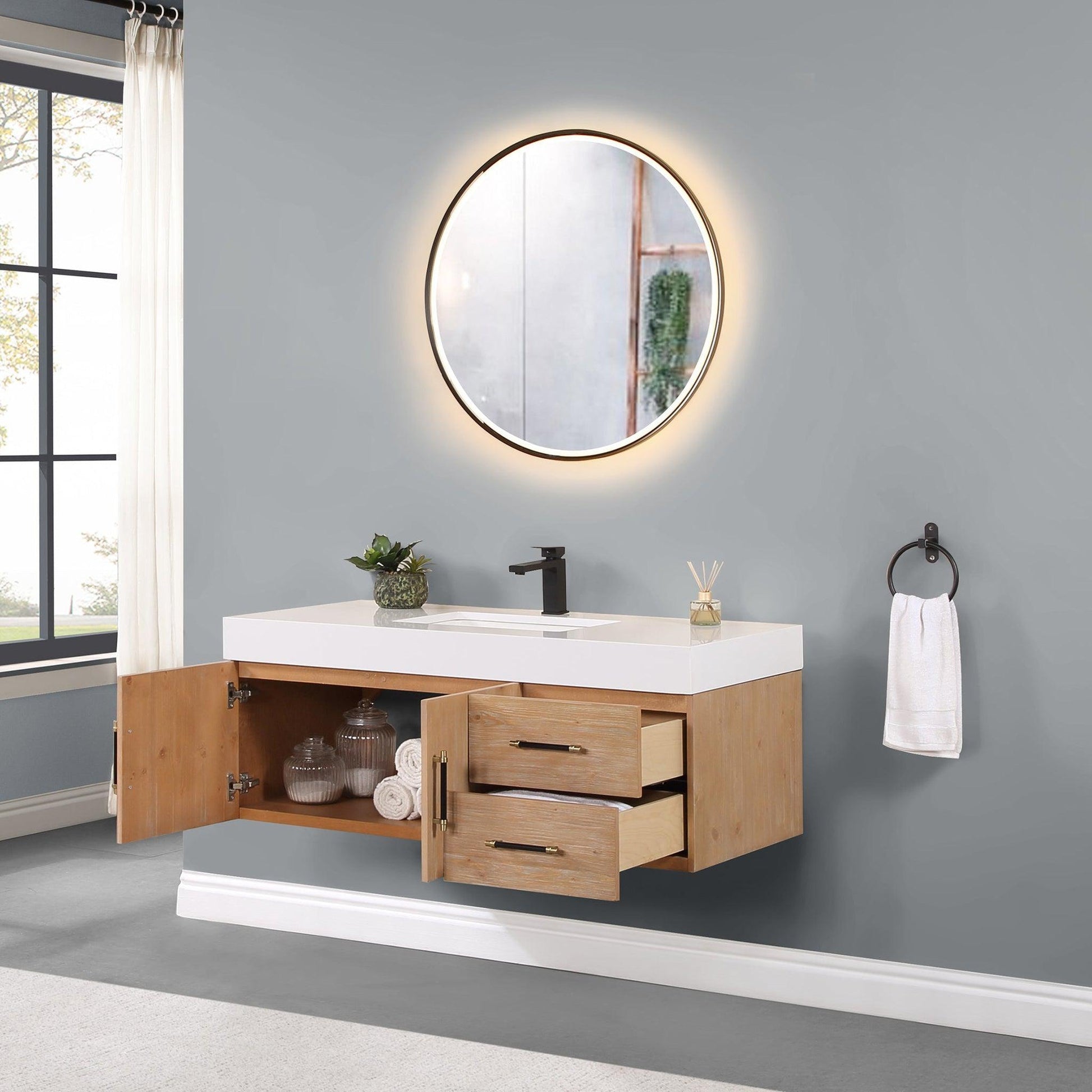 Altair Corchia 48" Light Brown Wall-Mounted Single Bathroom Vanity Set With Mirror, White Composite Stone Top, Single Rectangular Undermount Ceramic Sink, and Overflow