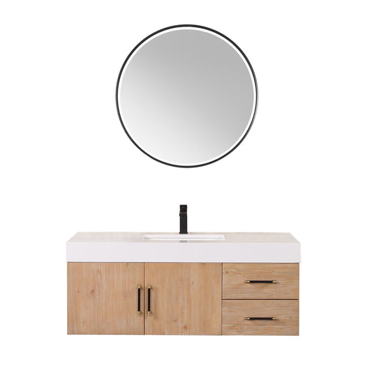 Altair Corchia 48" Light Brown Wall-Mounted Single Bathroom Vanity Set With Mirror, White Composite Stone Top, Single Rectangular Undermount Ceramic Sink, and Overflow