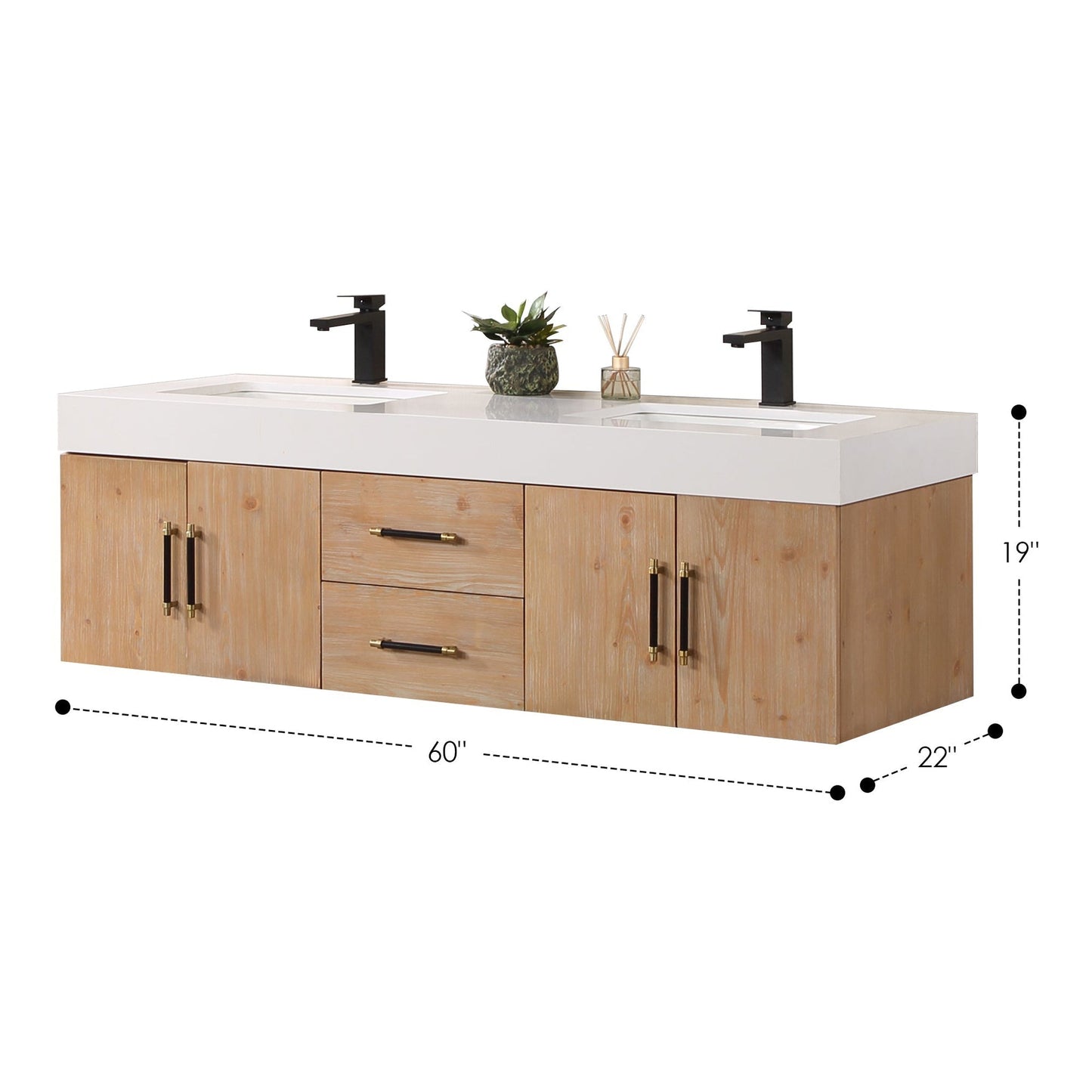 Altair Corchia 60" Light Brown Wall-Mounted Double Bathroom Vanity Set With Mirror, White Composite Stone Top, Two Rectangular Undermount Ceramic Sinks, and Overflow