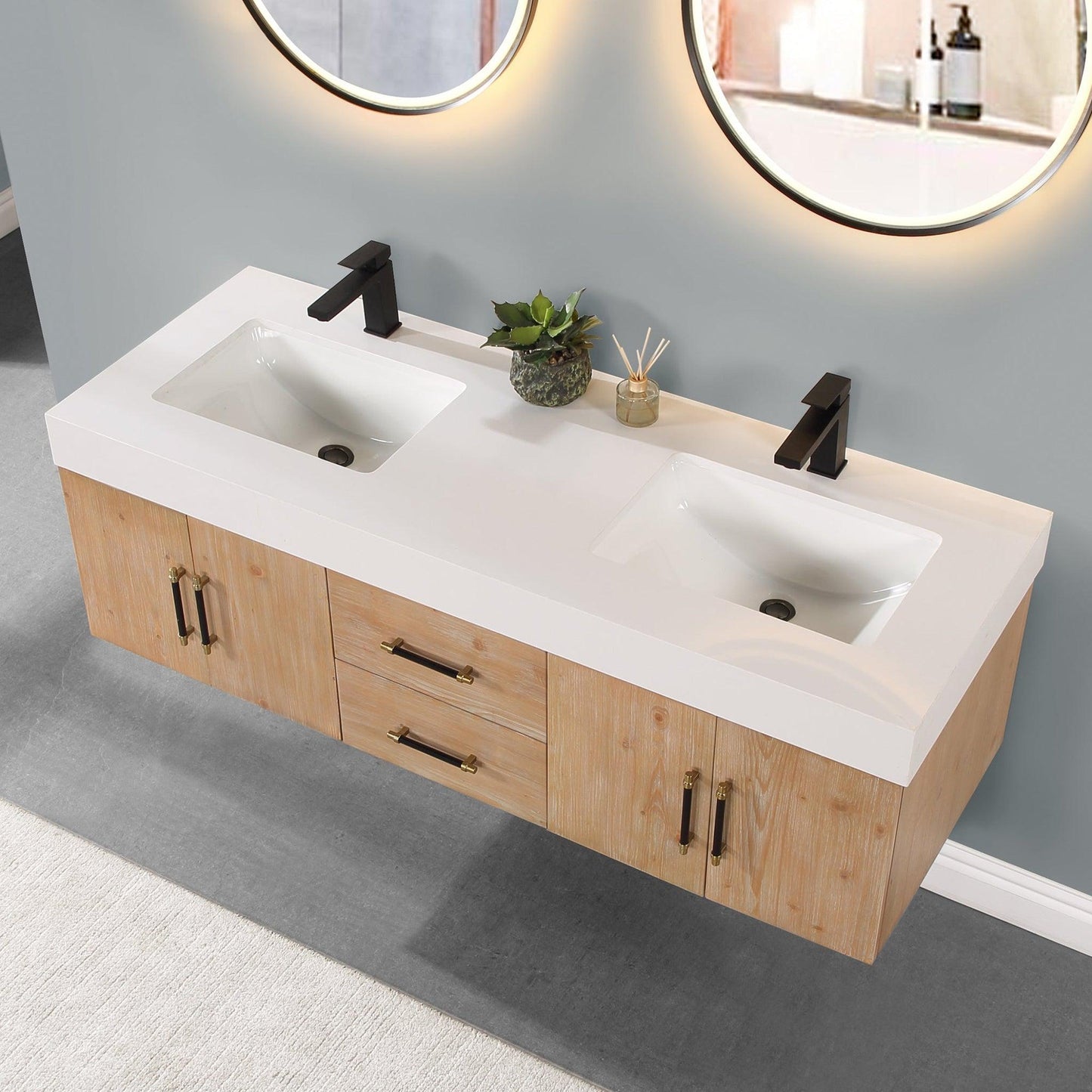 Altair Corchia 60" Light Brown Wall-Mounted Double Bathroom Vanity Set With Mirror, White Composite Stone Top, Two Rectangular Undermount Ceramic Sinks, and Overflow