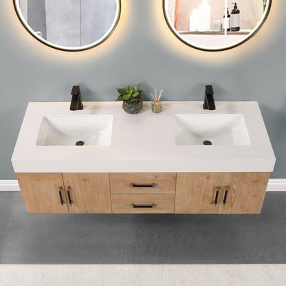 Altair Corchia 60" Light Brown Wall-Mounted Double Bathroom Vanity Set With Mirror, White Composite Stone Top, Two Rectangular Undermount Ceramic Sinks, and Overflow