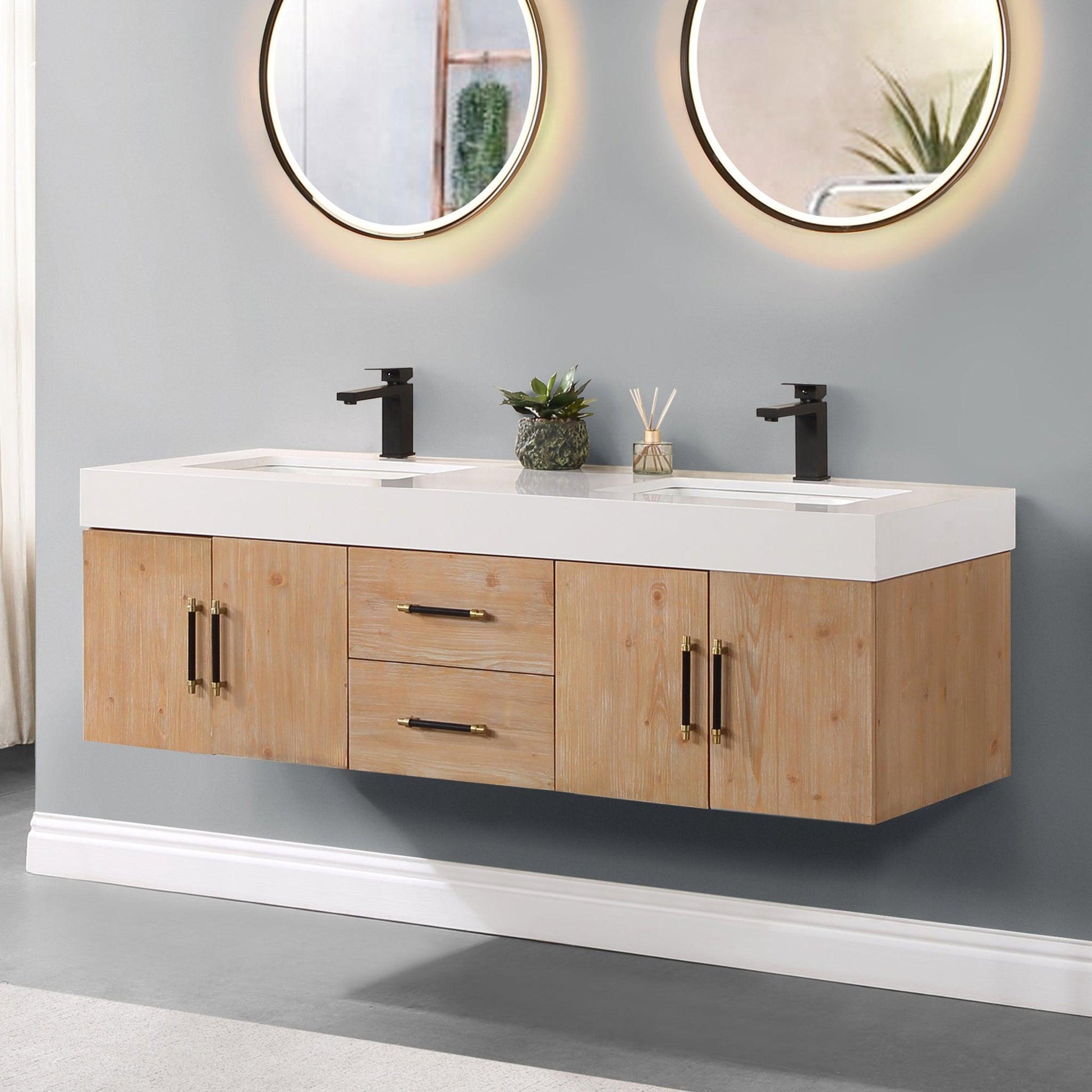 Altair Corchia 60" Light Brown Wall-Mounted Double Bathroom Vanity Set With White Composite Stone Top, Two Rectangular Undermount Ceramic Sinks, and Overflow