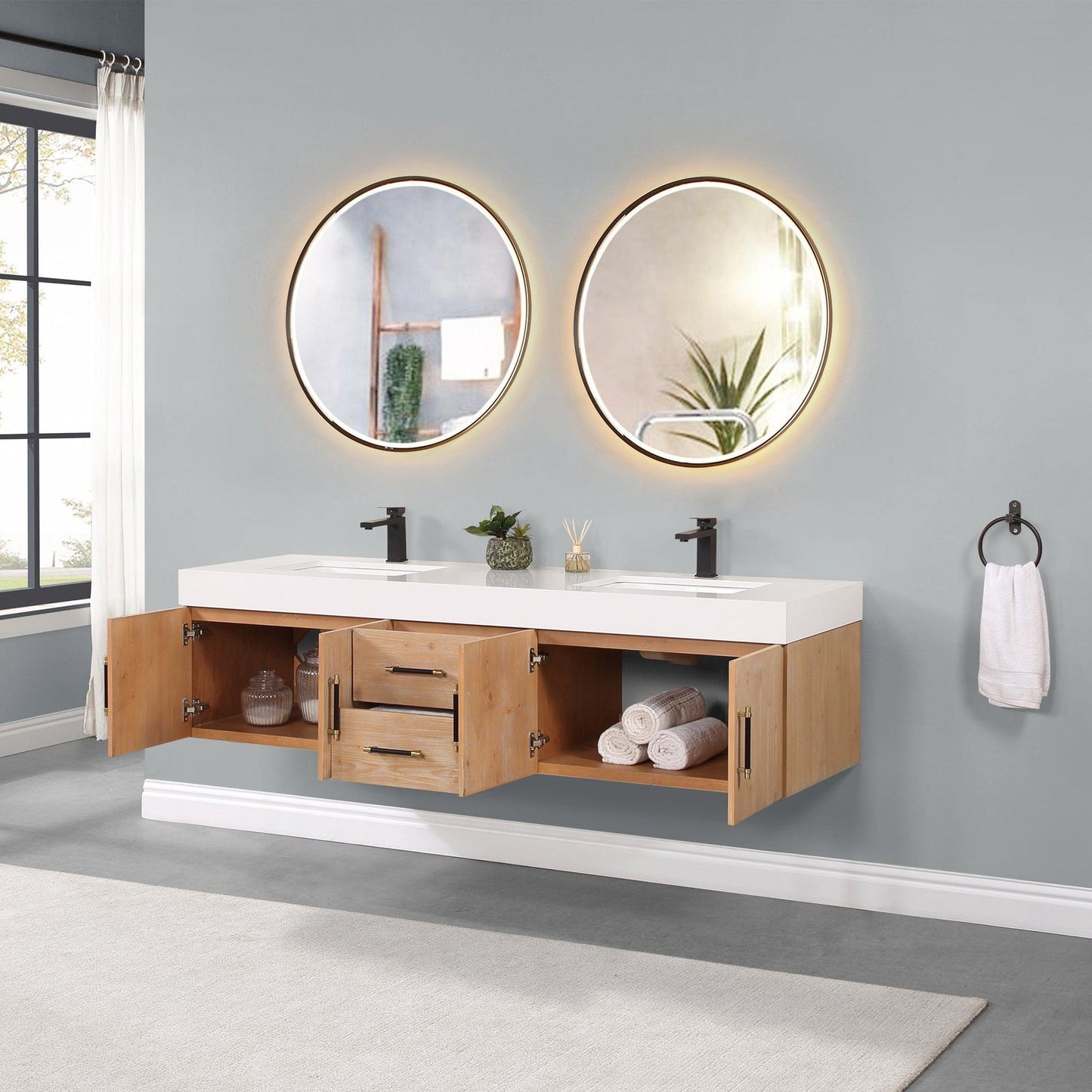 Altair Corchia 72" Light Brown Wall-Mounted Double Bathroom Vanity Set With Mirror, White Composite Stone Top, Two Rectangular Undermount Ceramic Sinks, and Overflow