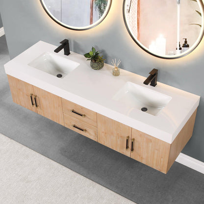 Altair Corchia 72" Light Brown Wall-Mounted Double Bathroom Vanity Set With Mirror, White Composite Stone Top, Two Rectangular Undermount Ceramic Sinks, and Overflow