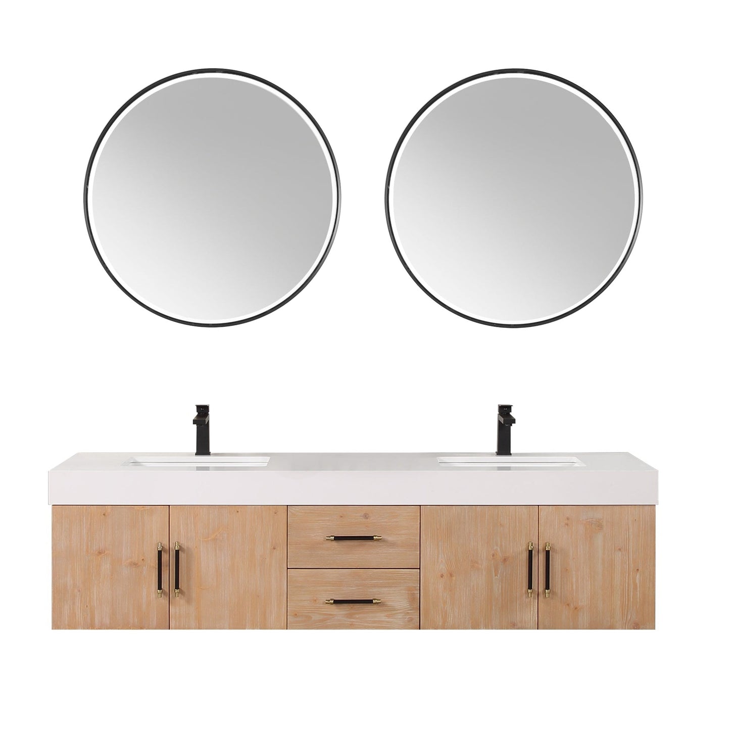 Altair Corchia 72" Light Brown Wall-Mounted Double Bathroom Vanity Set With Mirror, White Composite Stone Top, Two Rectangular Undermount Ceramic Sinks, and Overflow