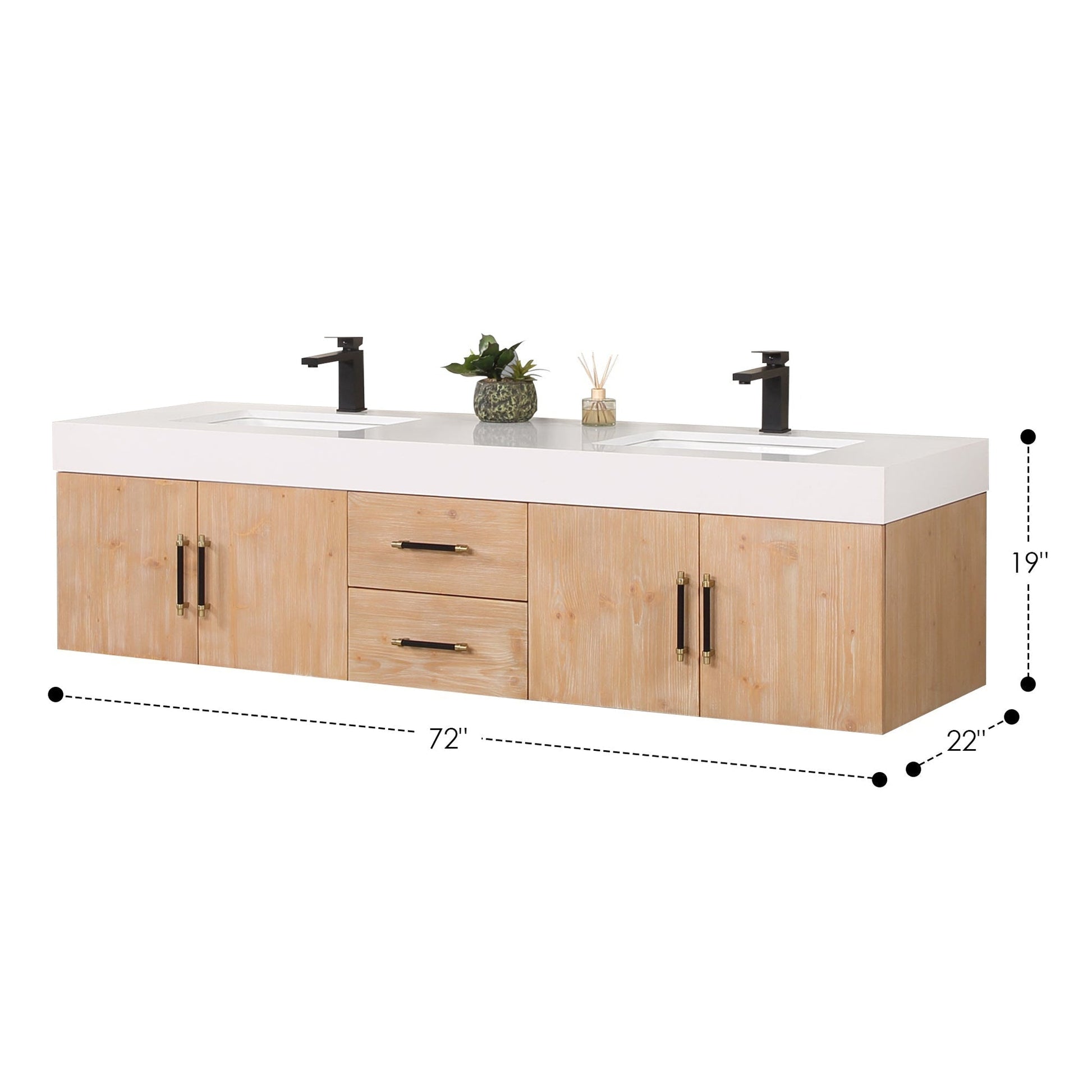 Altair Corchia 72" Light Brown Wall-Mounted Double Bathroom Vanity Set With White Composite Stone Top, Two Rectangular Undermount Ceramic Sinks, and Overflow