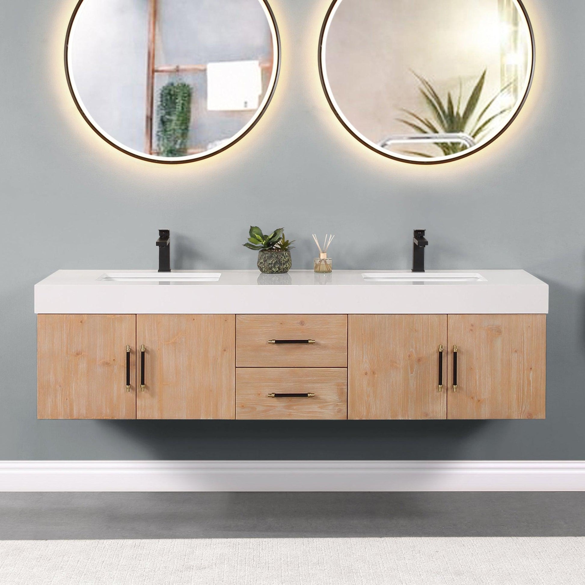 Altair Corchia 72" Light Brown Wall-Mounted Double Bathroom Vanity Set With White Composite Stone Top, Two Rectangular Undermount Ceramic Sinks, and Overflow