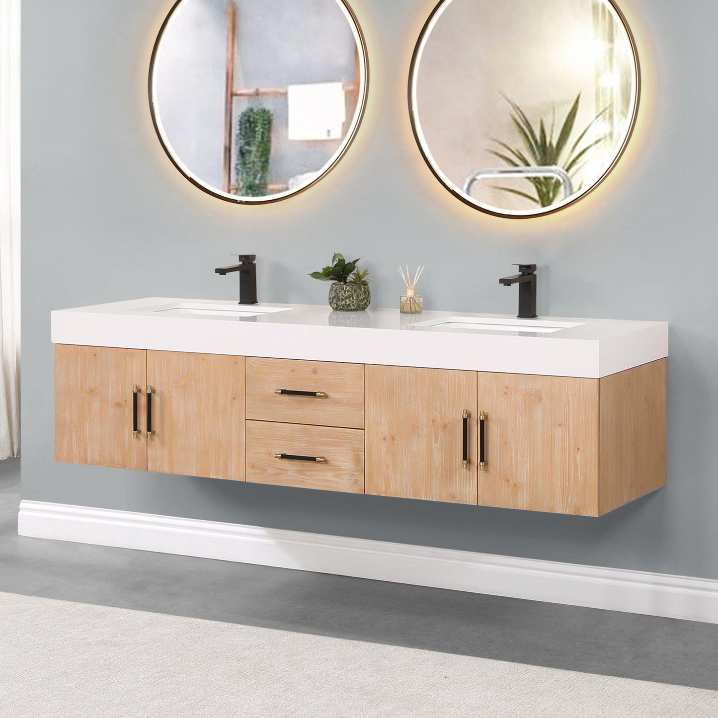 Altair Corchia 72" Light Brown Wall-Mounted Double Bathroom Vanity Set With White Composite Stone Top, Two Rectangular Undermount Ceramic Sinks, and Overflow