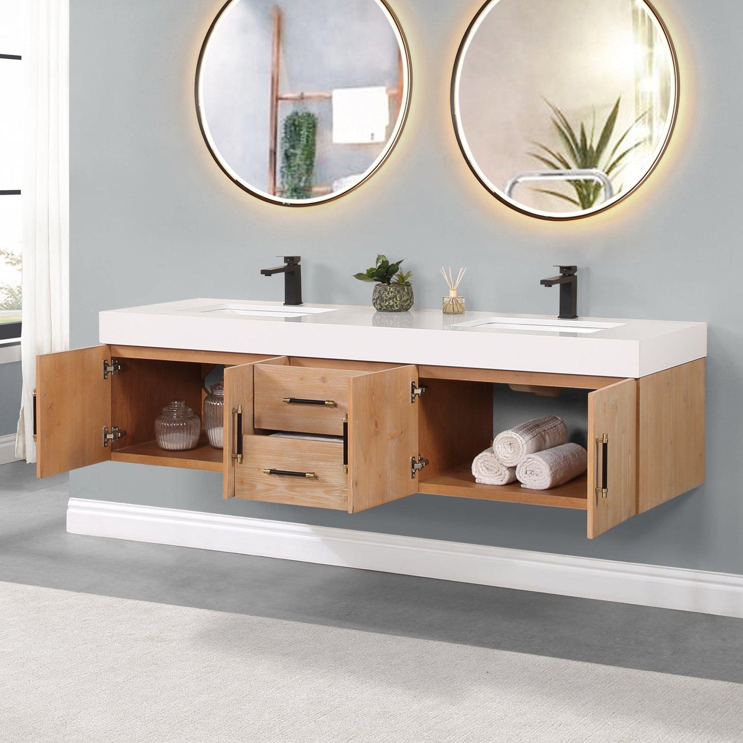 Altair Corchia 72" Light Brown Wall-Mounted Double Bathroom Vanity Set With White Composite Stone Top, Two Rectangular Undermount Ceramic Sinks, and Overflow