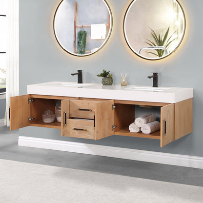 Altair Corchia 72" Light Brown Wall-Mounted Double Bathroom Vanity Set With White Composite Stone Top, Two Rectangular Undermount Ceramic Sinks, and Overflow