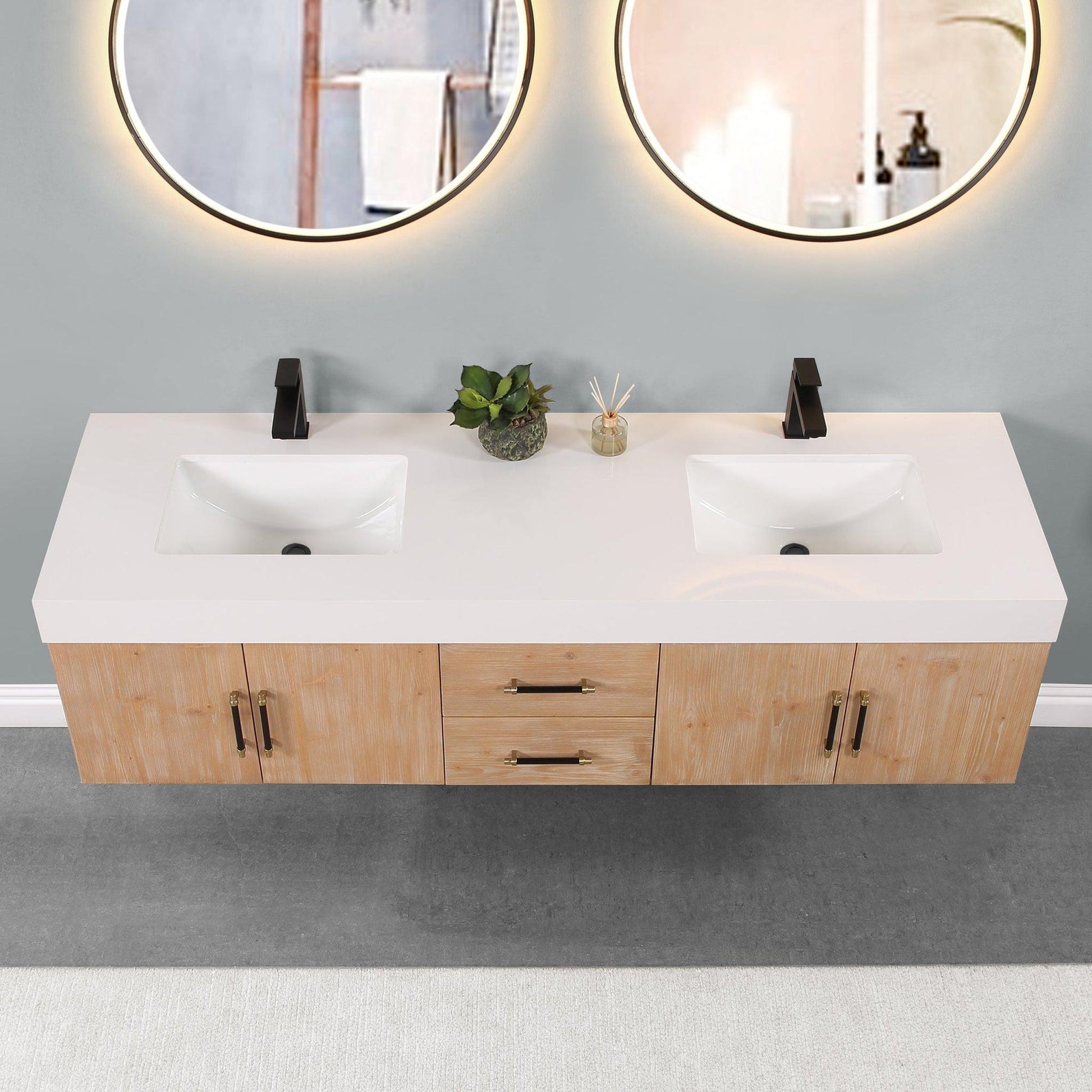 Altair Corchia 72" Light Brown Wall-Mounted Double Bathroom Vanity Set With White Composite Stone Top, Two Rectangular Undermount Ceramic Sinks, and Overflow