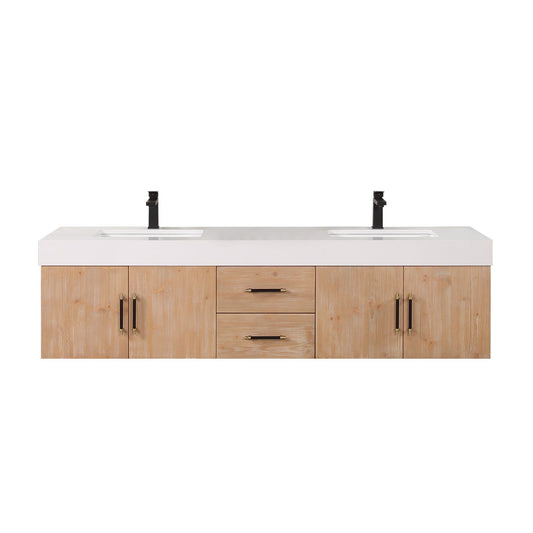 Altair Corchia 72" Light Brown Wall-Mounted Double Bathroom Vanity Set With White Composite Stone Top, Two Rectangular Undermount Ceramic Sinks, and Overflow