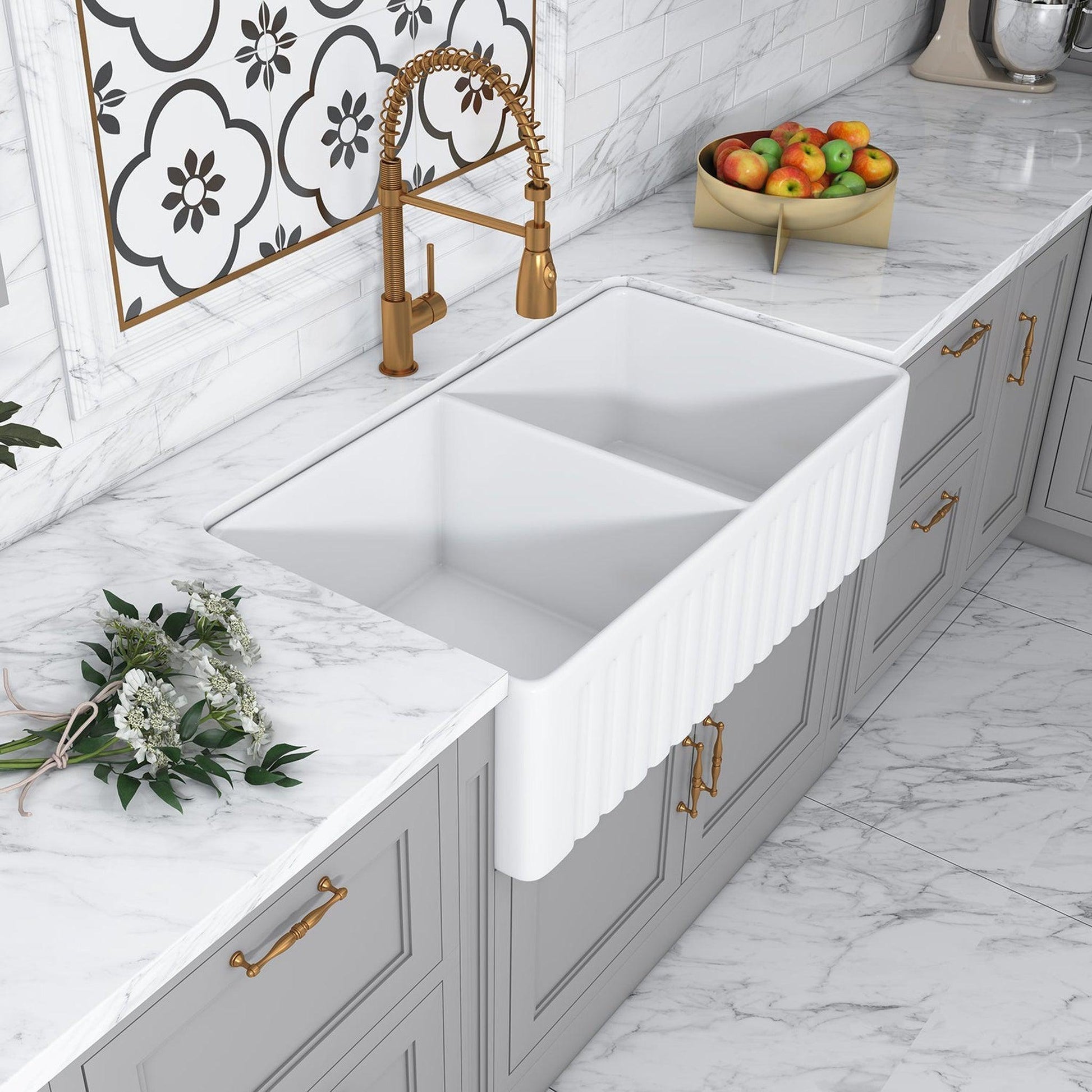 Altair Cremona 33" Rectangular White Ceramic Double Farmhouse Sink