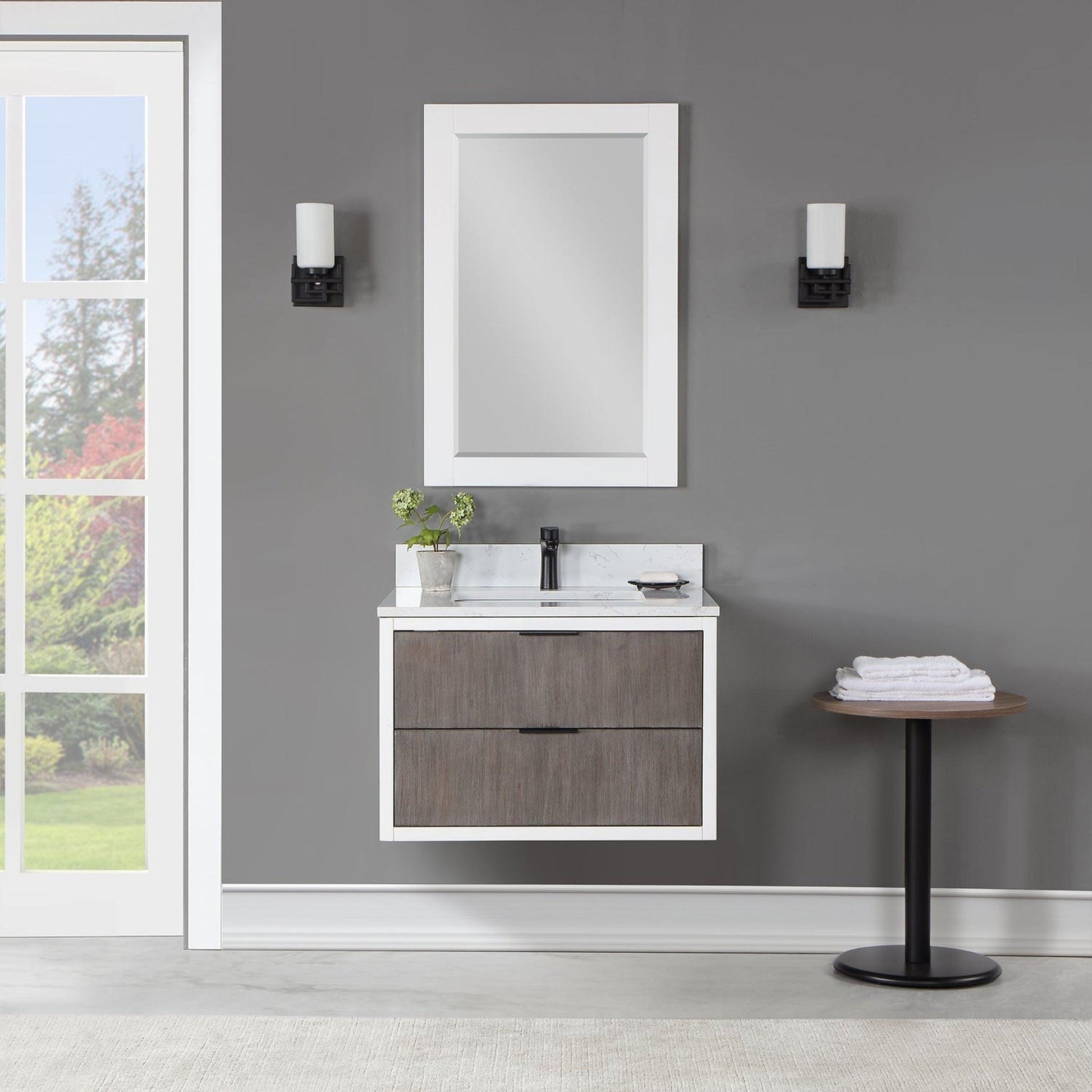 Altair Dione 30" Single Classical Gray Wall-Mounted Bathroom Vanity Set With Mirror, Aosta White Composite Stone Top, Single Rectangular Undermount Ceramic Sink, Overflow, and Backsplash