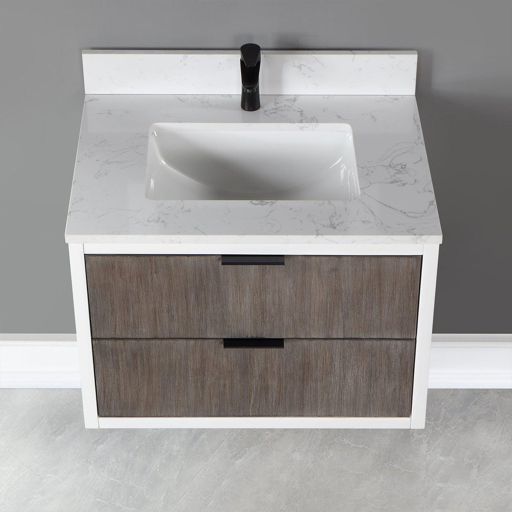 Altair Dione 30" Single Classical Gray Wall-Mounted Bathroom Vanity Set With Mirror, Aosta White Composite Stone Top, Single Rectangular Undermount Ceramic Sink, Overflow, and Backsplash