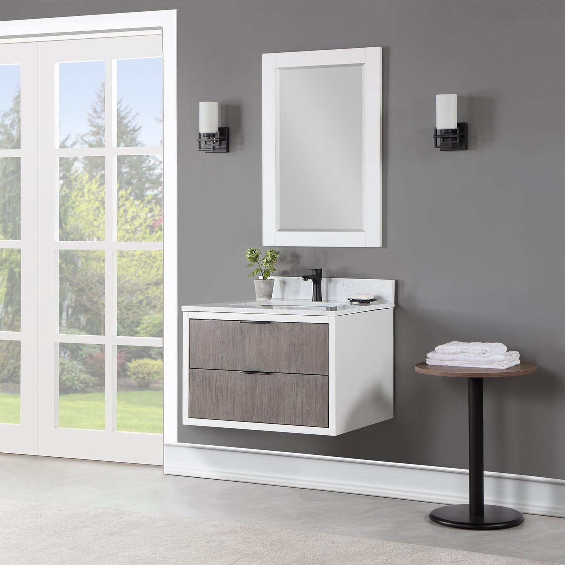 Altair Dione 30" Single Classical Gray Wall-Mounted Bathroom Vanity Set With Mirror, Aosta White Composite Stone Top, Single Rectangular Undermount Ceramic Sink, Overflow, and Backsplash