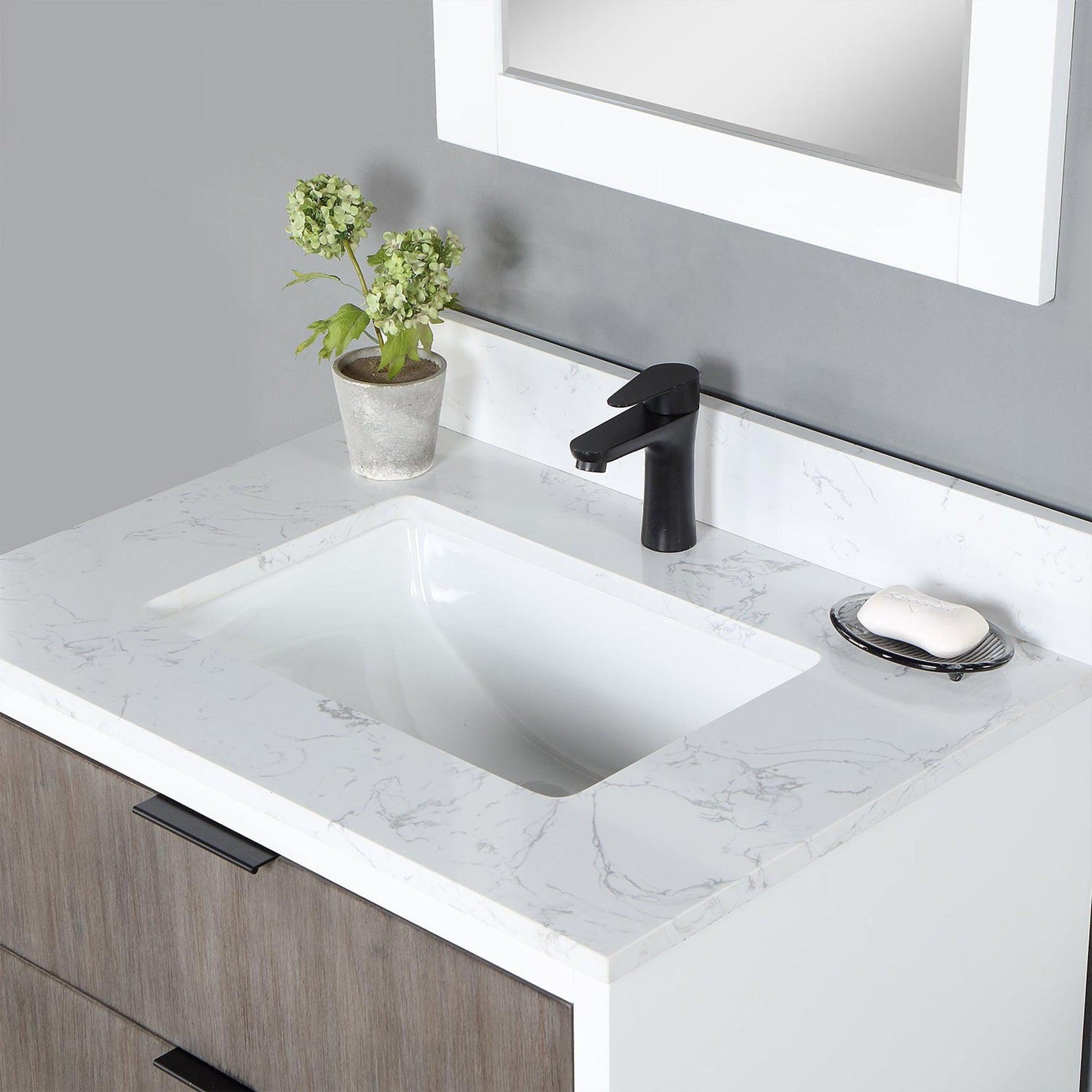 Altair Dione 30" Single Classical Gray Wall-Mounted Bathroom Vanity Set With Mirror, Aosta White Composite Stone Top, Single Rectangular Undermount Ceramic Sink, Overflow, and Backsplash