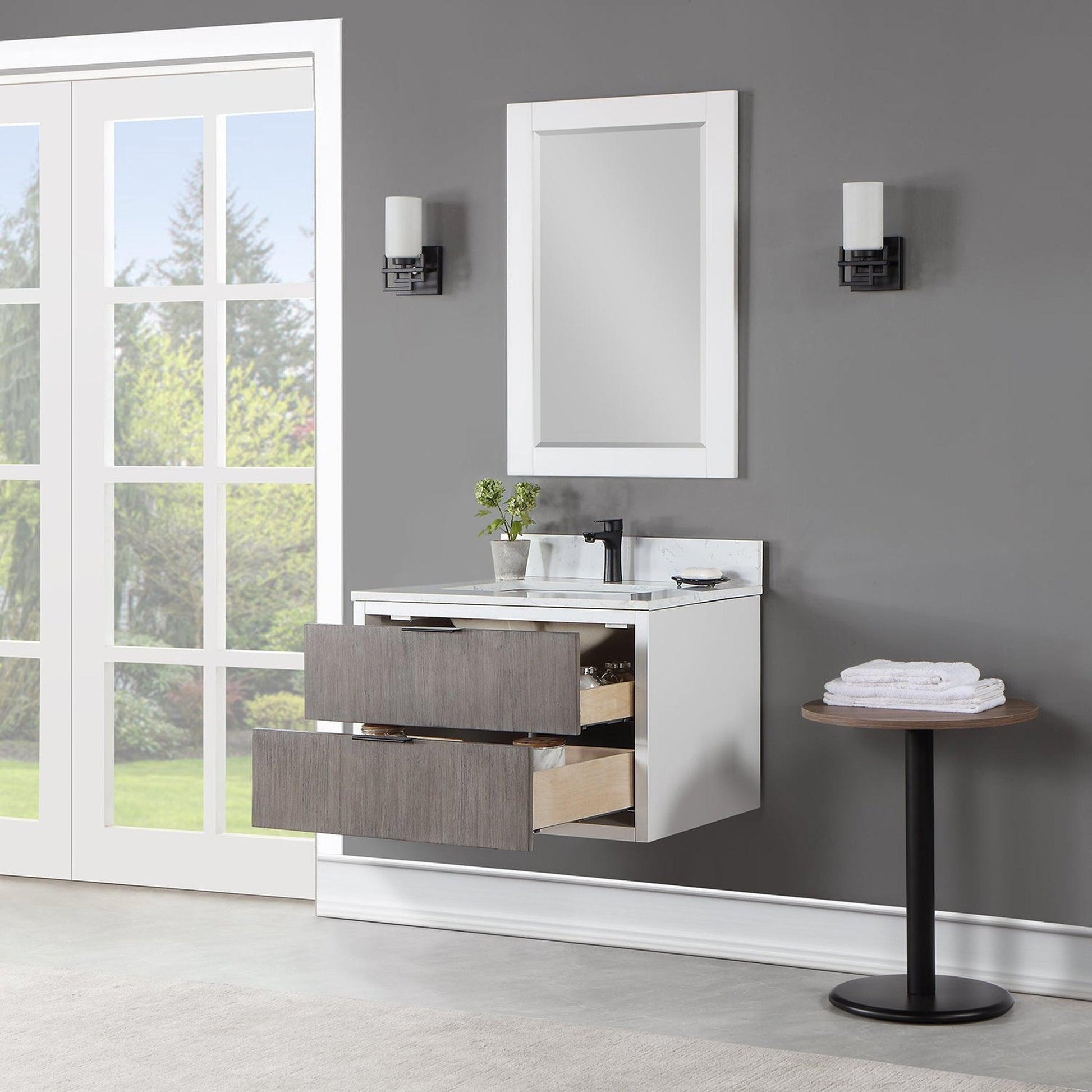 Altair Dione 30" Single Classical Gray Wall-Mounted Bathroom Vanity Set With Mirror, Aosta White Composite Stone Top, Single Rectangular Undermount Ceramic Sink, Overflow, and Backsplash