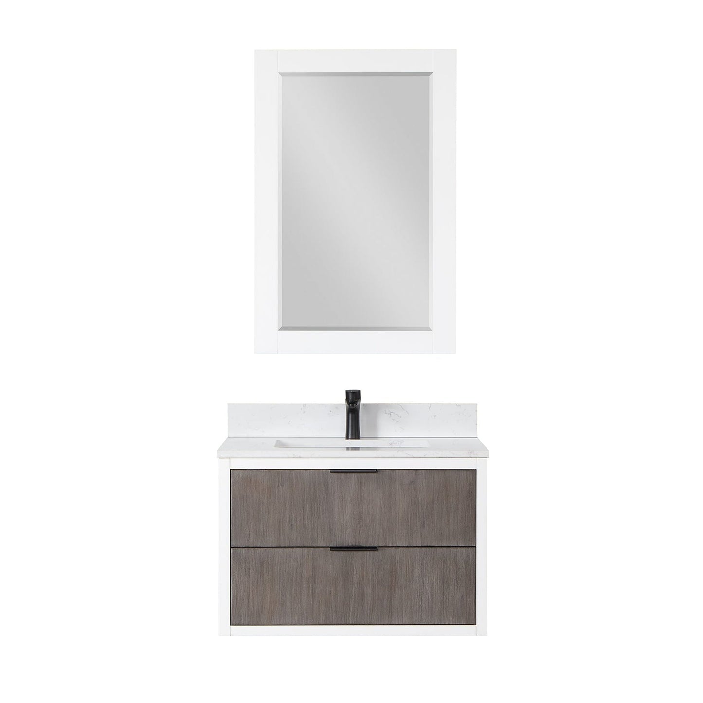 Altair Dione 30" Single Classical Gray Wall-Mounted Bathroom Vanity Set With Mirror, Aosta White Composite Stone Top, Single Rectangular Undermount Ceramic Sink, Overflow, and Backsplash