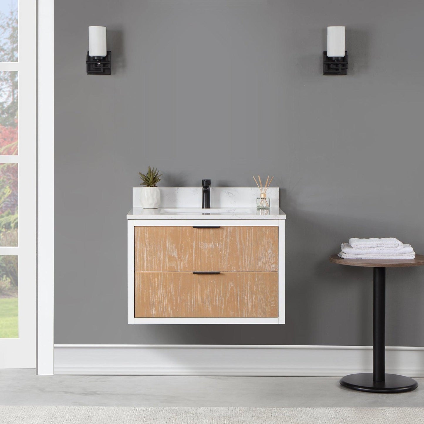 Altair Dione 30" Single Weathered Pine Wall-Mounted Bathroom Vanity Set With Aosta White Composite Stone Top, Single Rectangular Undermount Ceramic Sink, Overflow, and Backsplash