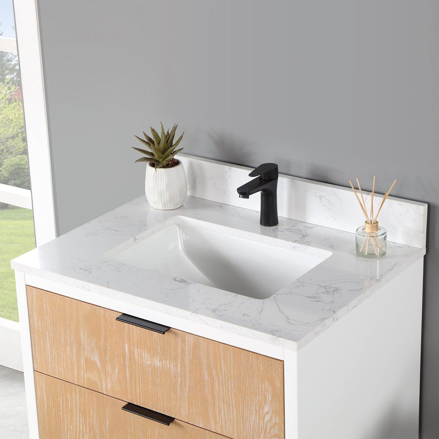 Altair Dione 30" Single Weathered Pine Wall-Mounted Bathroom Vanity Set With Aosta White Composite Stone Top, Single Rectangular Undermount Ceramic Sink, Overflow, and Backsplash