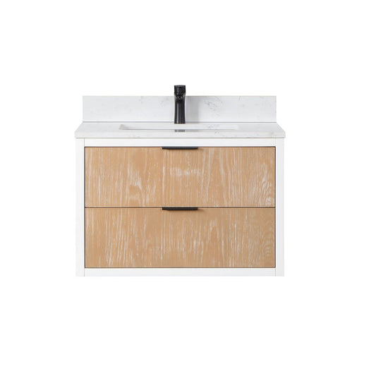 Altair Dione 30" Single Weathered Pine Wall-Mounted Bathroom Vanity Set With Aosta White Composite Stone Top, Single Rectangular Undermount Ceramic Sink, Overflow, and Backsplash
