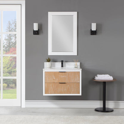 Altair Dione 30" Single Weathered Pine Wall-Mounted Bathroom Vanity Set With Mirror, Aosta White Composite Stone Top, Single Rectangular Undermount Ceramic Sink, Overflow, and Backsplash