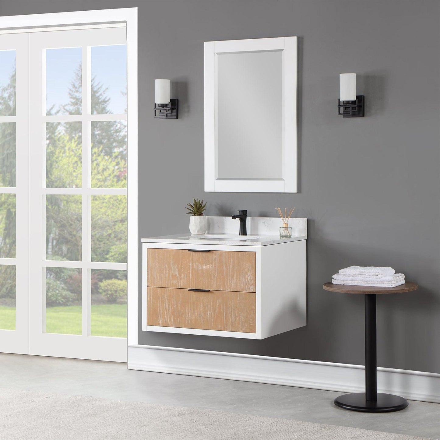 Altair Dione 30" Single Weathered Pine Wall-Mounted Bathroom Vanity Set With Mirror, Aosta White Composite Stone Top, Single Rectangular Undermount Ceramic Sink, Overflow, and Backsplash