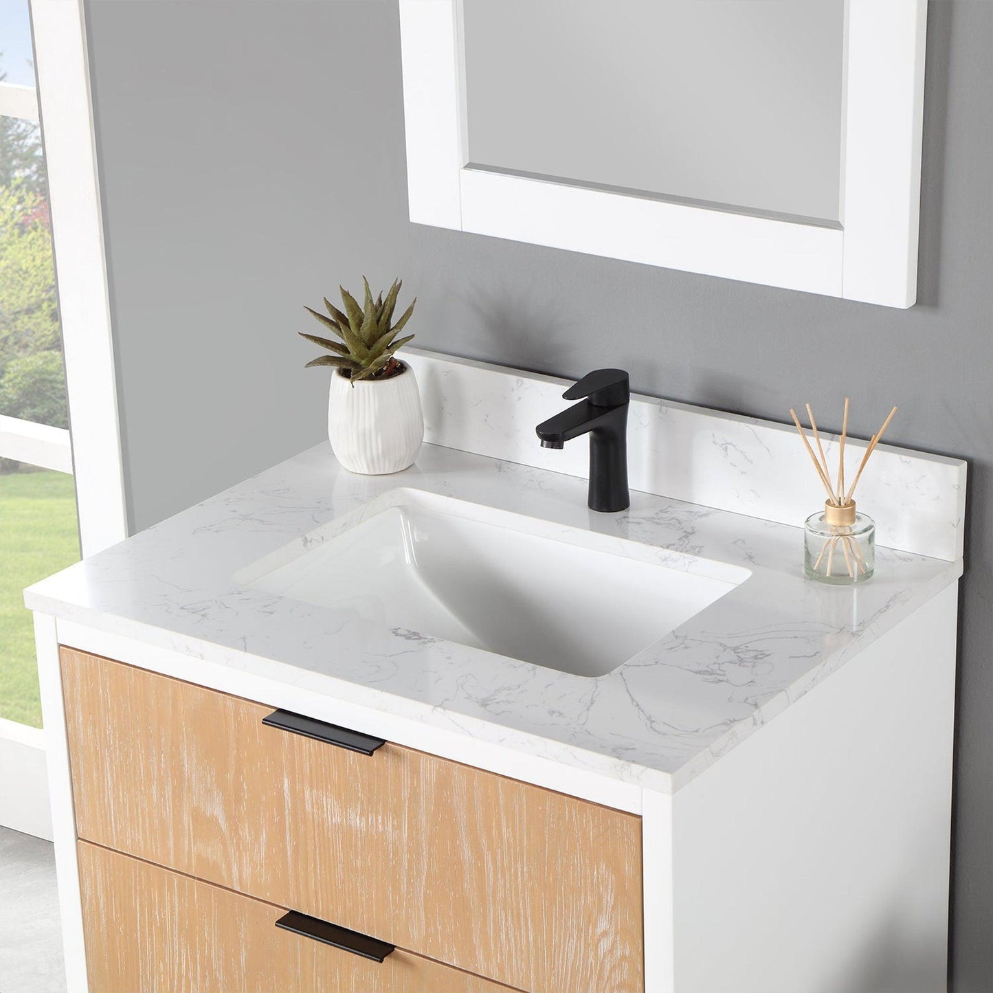 Altair Dione 30" Single Weathered Pine Wall-Mounted Bathroom Vanity Set With Mirror, Aosta White Composite Stone Top, Single Rectangular Undermount Ceramic Sink, Overflow, and Backsplash