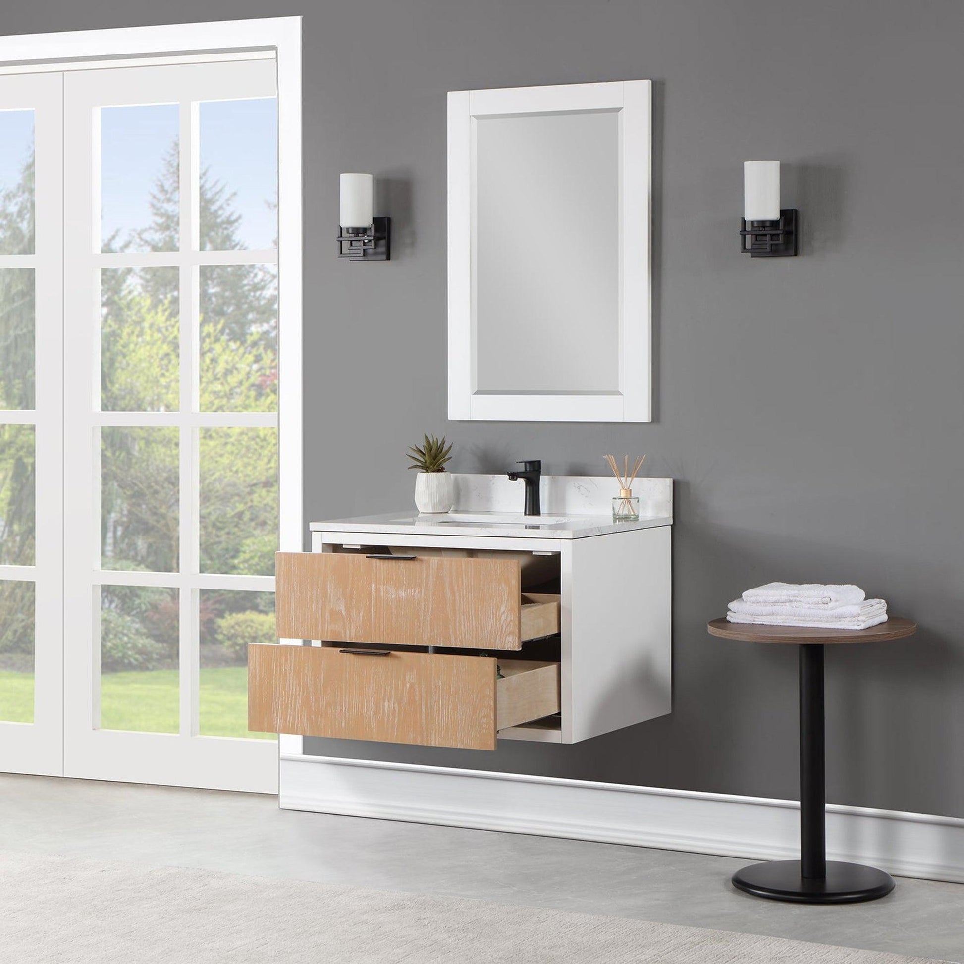 Altair Dione 30" Single Weathered Pine Wall-Mounted Bathroom Vanity Set With Mirror, Aosta White Composite Stone Top, Single Rectangular Undermount Ceramic Sink, Overflow, and Backsplash