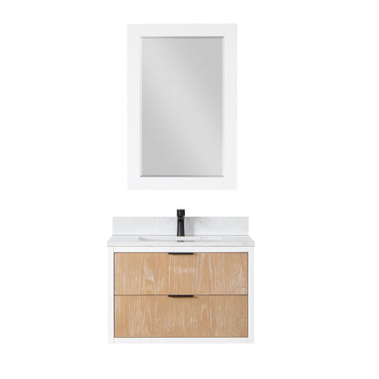 Altair Dione 30" Single Weathered Pine Wall-Mounted Bathroom Vanity Set With Mirror, Aosta White Composite Stone Top, Single Rectangular Undermount Ceramic Sink, Overflow, and Backsplash