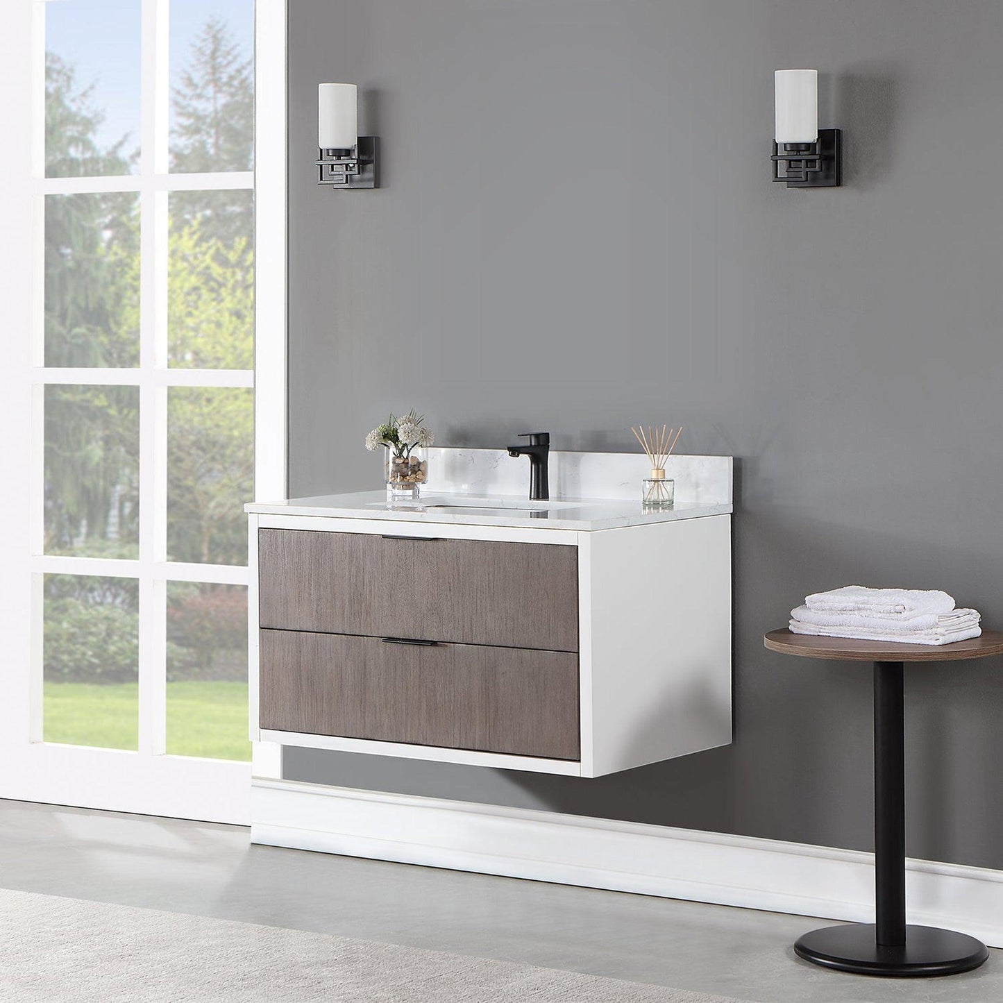 Altair Dione 36" Single Classical Gray Wall-Mounted Bathroom Vanity Set With Aosta White Composite Stone Top, Single Rectangular Undermount Ceramic Sink, Overflow, and Backsplash