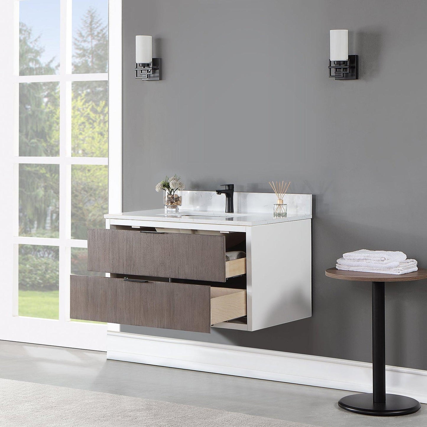 Altair Dione 36" Single Classical Gray Wall-Mounted Bathroom Vanity Set With Aosta White Composite Stone Top, Single Rectangular Undermount Ceramic Sink, Overflow, and Backsplash